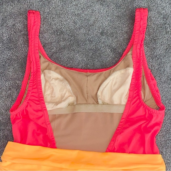 L 12 VTG Le Cove 90’s Neon Colorblock Low Back One Piece Ruched Swimsuit - Picture 7 of 12
